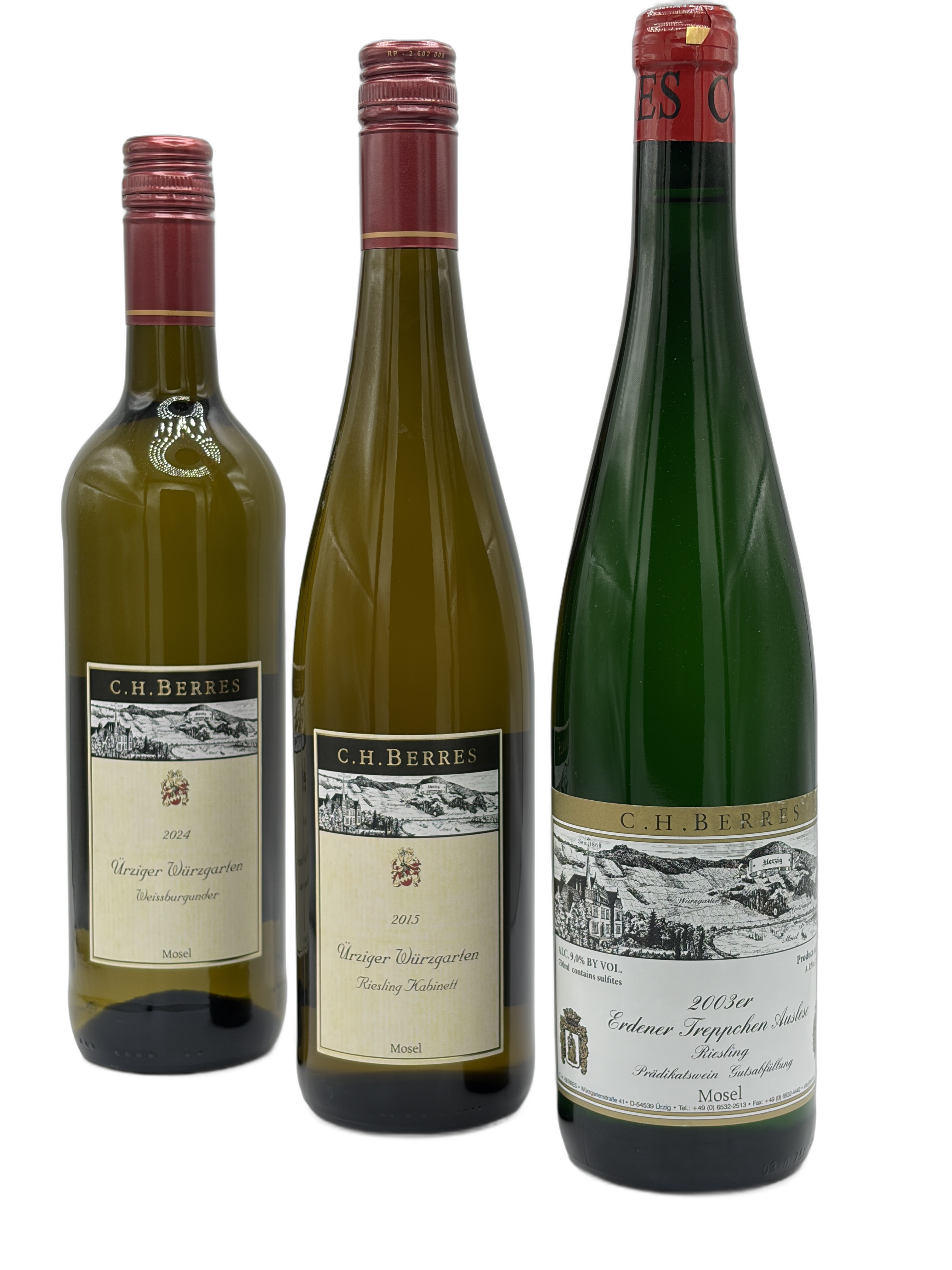 Weinpaket Mosel mit drei Flaschen Riesling und Weißburgunder vom Weingut C.H. Berres
